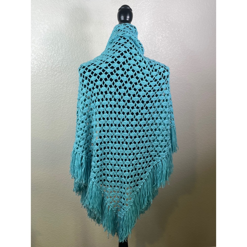 Handmade Womens Free Size Crochet Shawl Turquoise Blue Fringe Wrap Boho Layer
